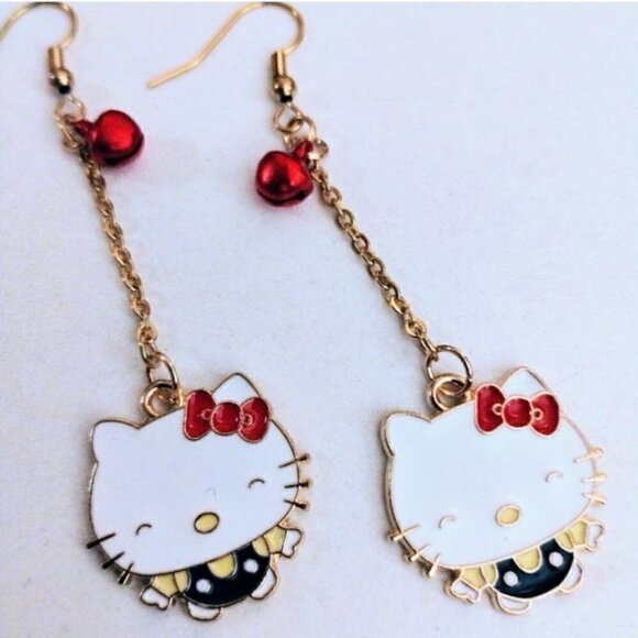 Handmade Christmas Bell Hello Kitty Earrings - Picture 1 of 5